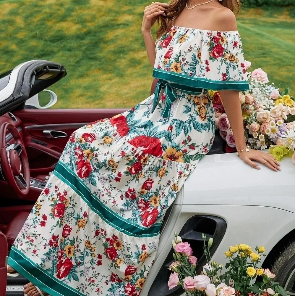 Floral Print Off Shoulder Ruffle Hem Belted Dress - Picture 4 of 4
